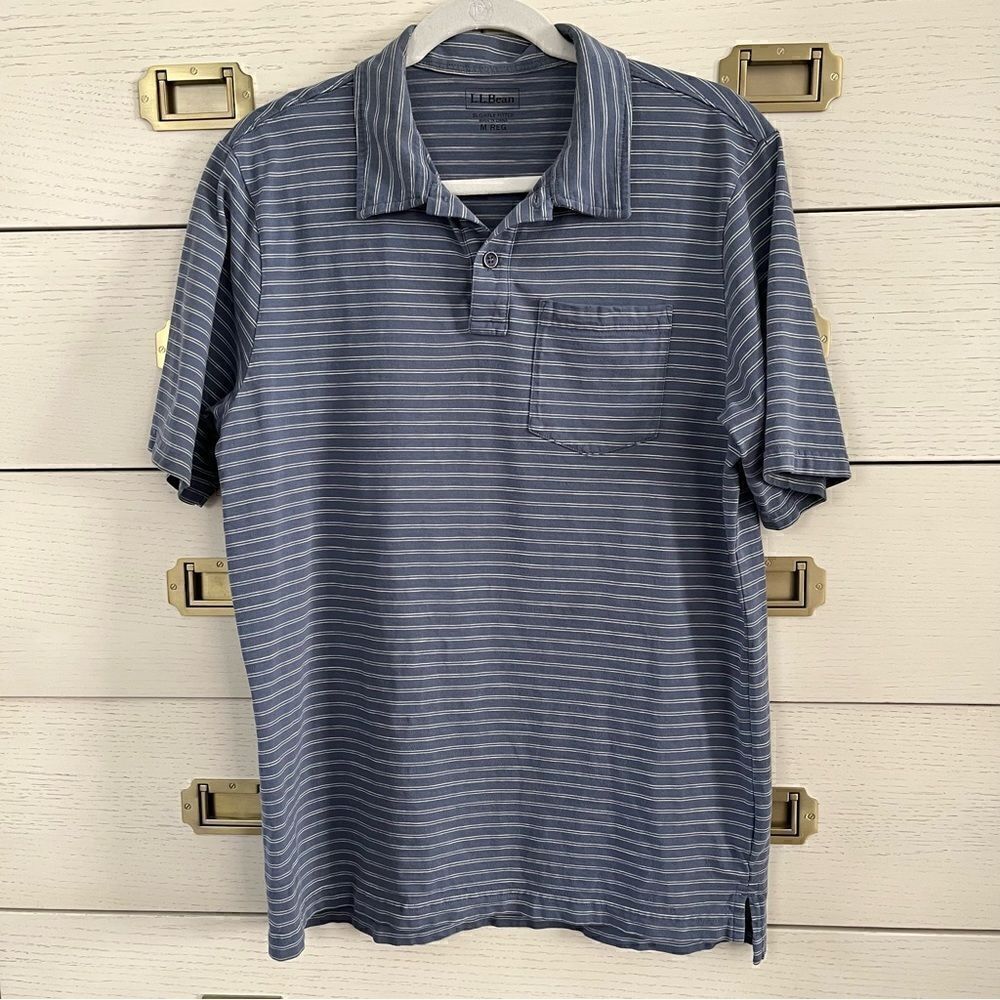 L.L.Bean Men Lakewashed Organic Cotton Polo Short-Sleeve Stripe Blue Size Medium - Picture 3 of 6